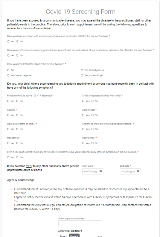 Covid Screening Form
