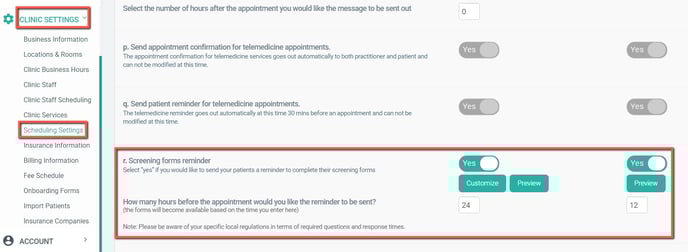 Scheduling Settings Screening Forms